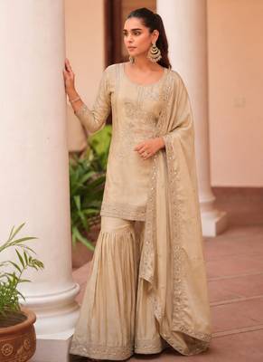 cream zari sequins embroidery work satin sharara suit set 2