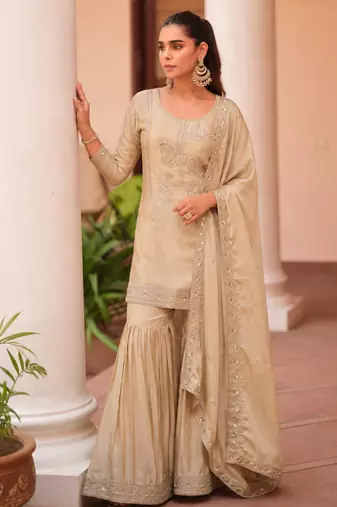 cream zari sequins embroidery work satin sharara suit set