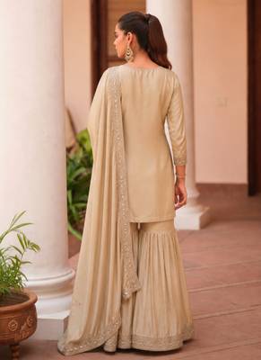 cream zari sequins embroidery work satin sharara suit set 3