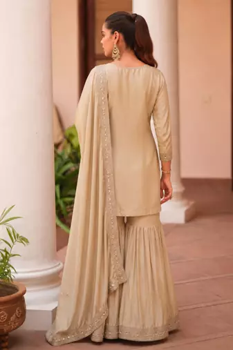 cream zari sequins embroidery work satin sharara suit set