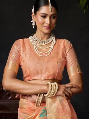 Peach organza khadi zari woven saree with blouse 4
