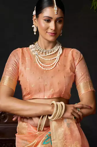 Peach organza khadi zari woven saree with blouse