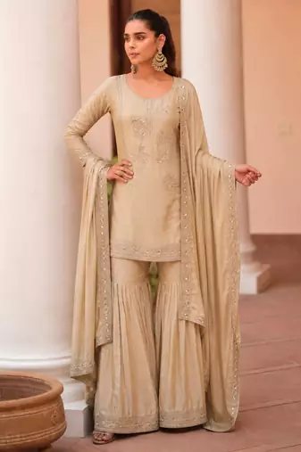 cream zari sequins embroidery work satin sharara suit set
