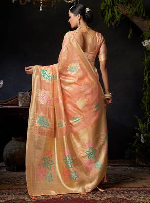 Peach organza khadi zari woven saree with blouse 5