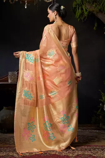 Peach organza khadi zari woven saree with blouse
