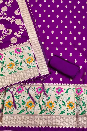 Purple Soft Banarasi silk zari woven design dress material