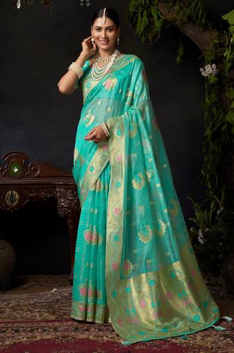 Turquoise organza khadi zari woven saree with blouse