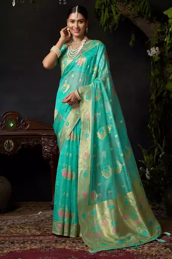 Turquoise organza khadi zari woven saree with blouse