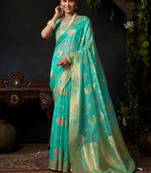 Turquoise organza khadi zari woven saree with blouse
