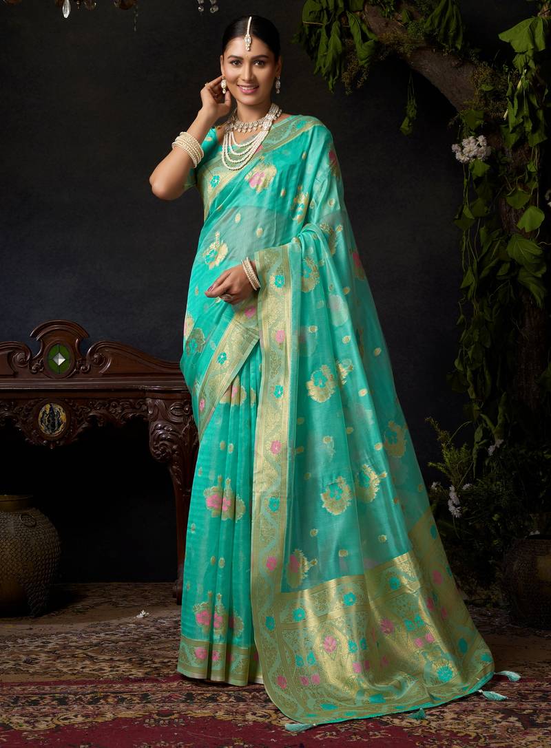 Turquoise organza khadi zari woven saree with blouse