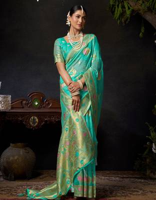 turquoise organza khadi zari woven saree for festive wear 2
