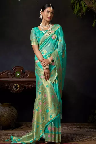 turquoise organza khadi zari woven saree for festive wear