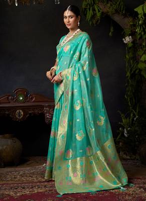 turquoise organza khadi zari woven saree for festive wear 3