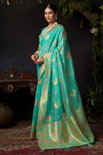 turquoise organza khadi zari woven saree for festive wear