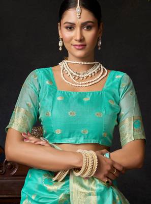 turquoise organza khadi zari woven saree for festive wear 4