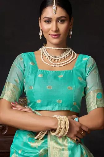 turquoise organza khadi zari woven saree for festive wear