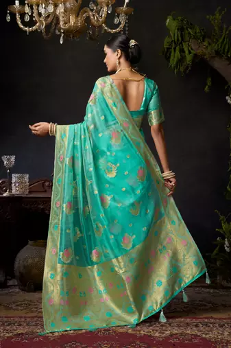 turquoise organza khadi zari woven saree for festive wear