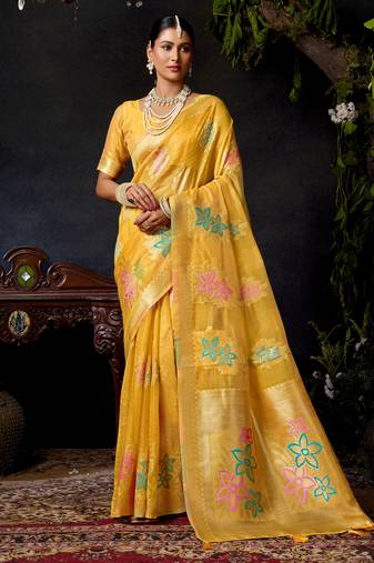 Yellow organza khadi zari woven saree with blouse