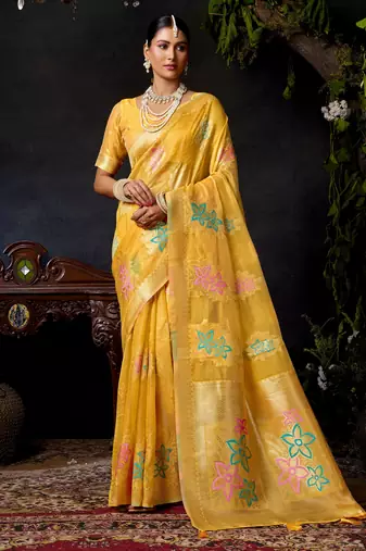Yellow organza khadi zari woven saree with blouse