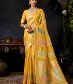 Yellow organza khadi zari woven saree with blouse