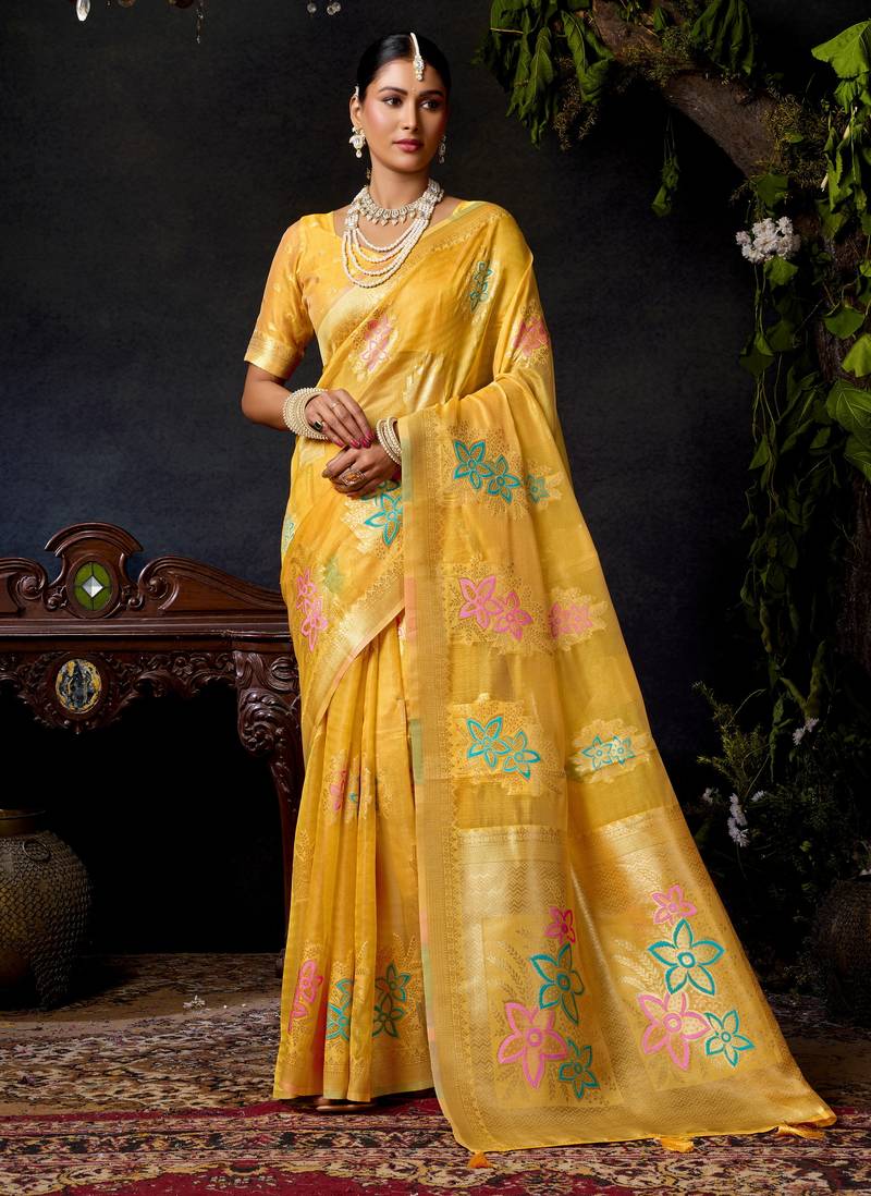 Yellow organza khadi zari woven saree with blouse