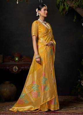 Yellow organza khadi zari woven saree with blouse 2