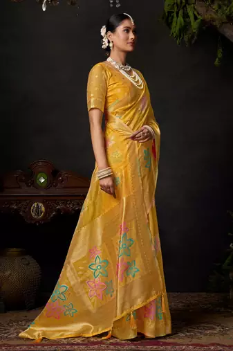 Yellow organza khadi zari woven saree with blouse