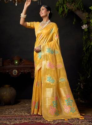 Yellow organza khadi zari woven saree with blouse 3