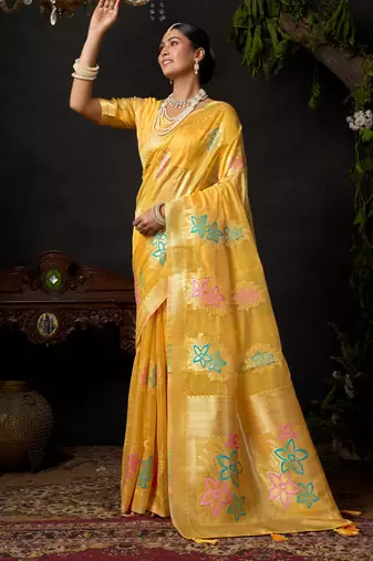 Yellow organza khadi zari woven saree with blouse