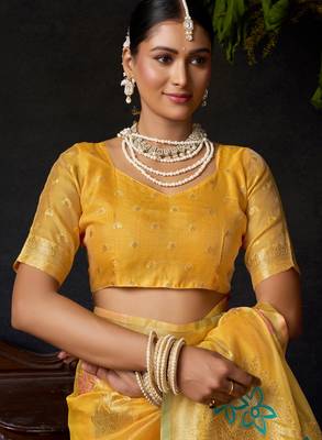 Yellow organza khadi zari woven saree with blouse 4