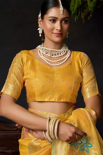 Yellow organza khadi zari woven saree with blouse