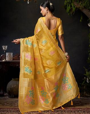 Yellow organza khadi zari woven saree with blouse 5