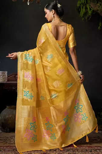 Yellow organza khadi zari woven saree with blouse
