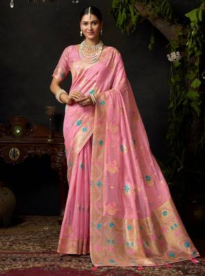 Pink organza khadi zari woven saree with blouse 1