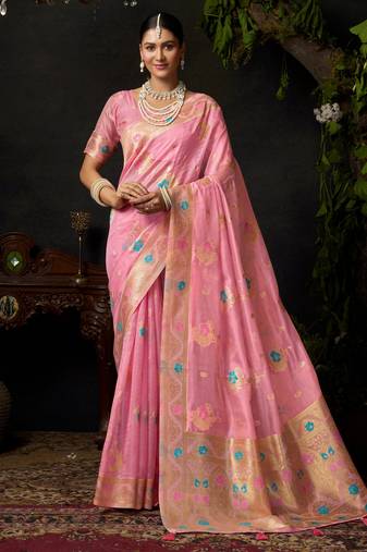 Pink organza khadi zari woven saree with blouse