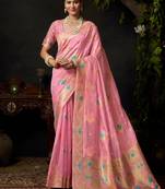 Pink organza khadi zari woven saree with blouse