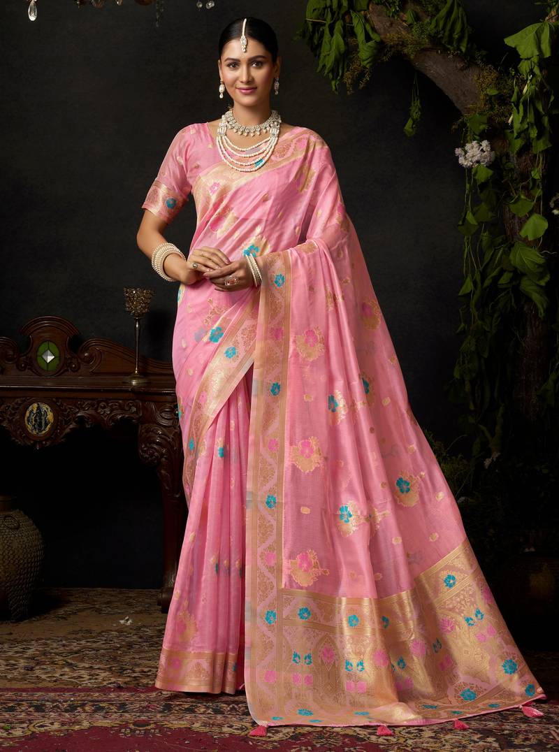 Pink organza khadi zari woven saree with blouse