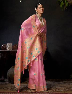 Pink organza khadi zari woven saree with blouse 2