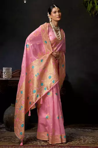 Pink organza khadi zari woven saree with blouse