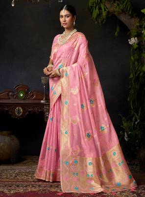 Pink organza khadi zari woven saree with blouse 3