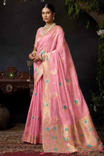 Pink organza khadi zari woven saree with blouse