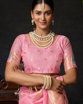 Pink organza khadi zari woven saree with blouse 4