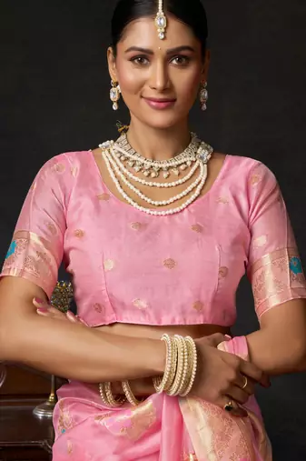 Pink organza khadi zari woven saree with blouse