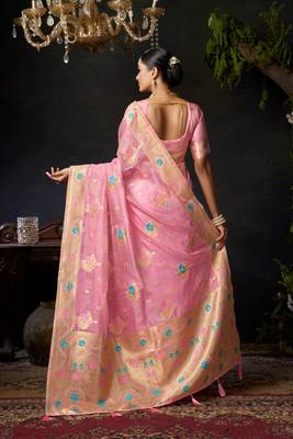 Pink organza khadi zari woven saree with blouse 5