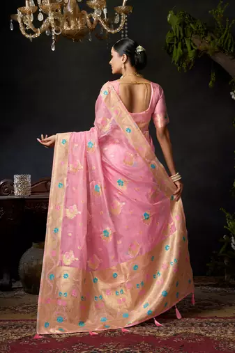 Pink organza khadi zari woven saree with blouse
