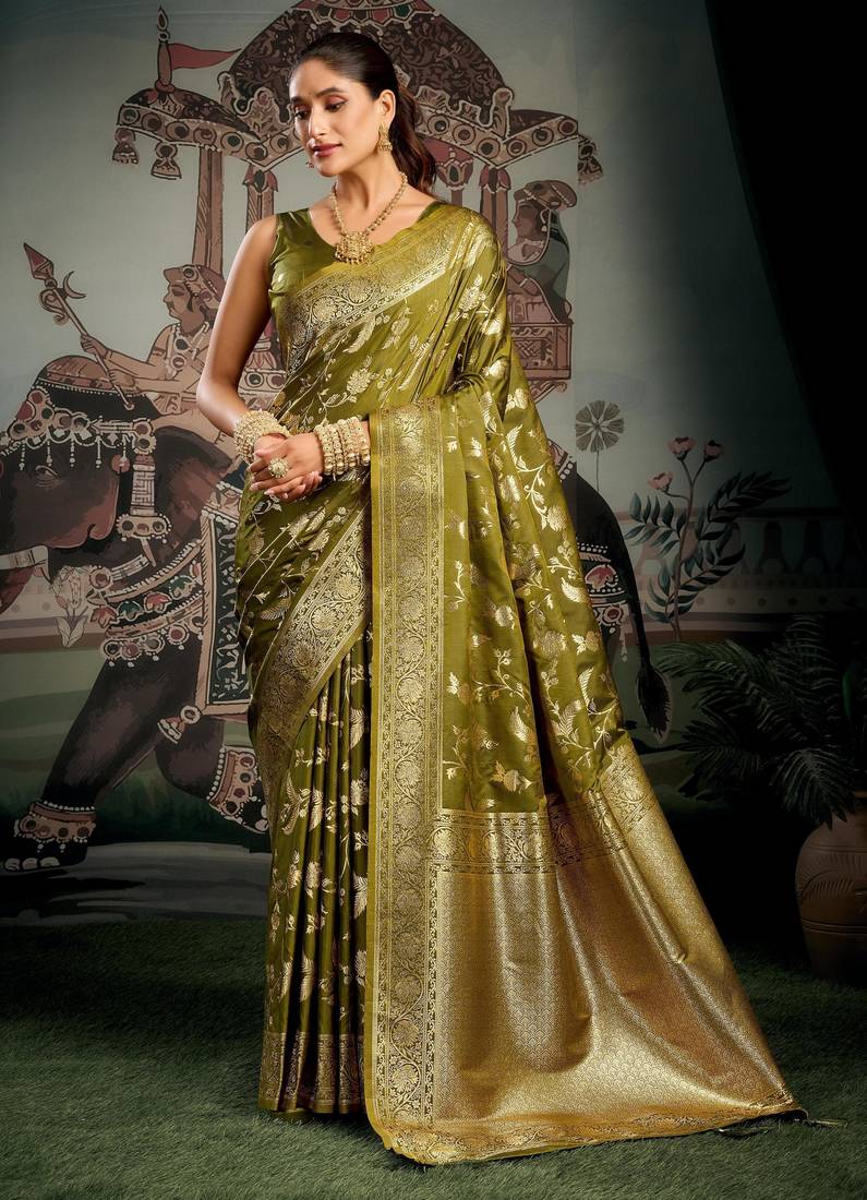 Mehendi premium soft silk zari woven saree with blouse
