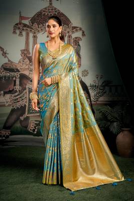 Turquoise premium soft silk zari woven saree with blouse 1