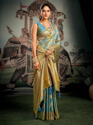 Turquoise premium soft silk zari woven saree with blouse 2