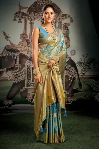 Turquoise premium soft silk zari woven saree with blouse