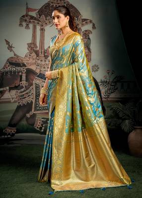 Turquoise premium soft silk zari woven saree with blouse 3